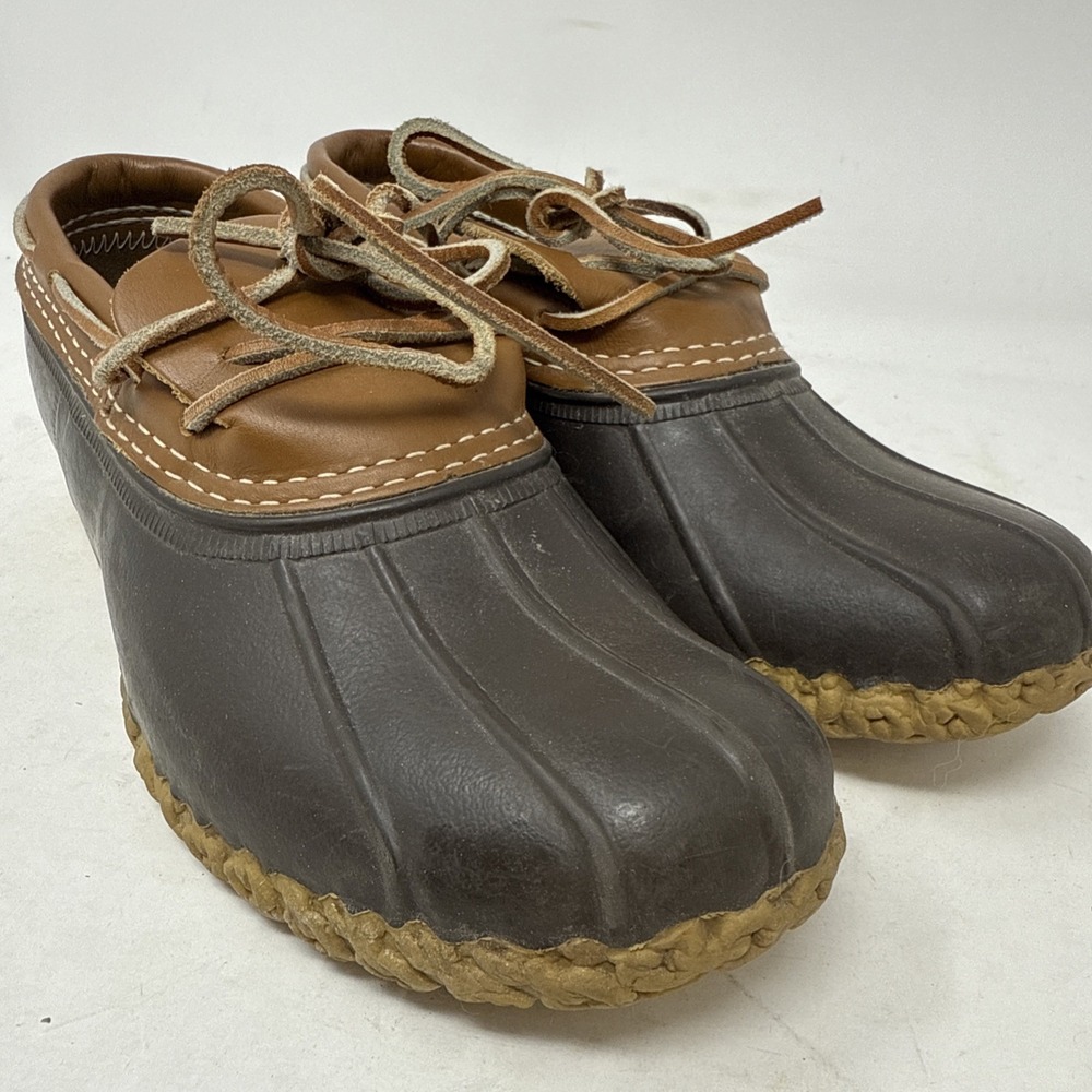 Womens 7 LL Bean Duck Low Boots Slip On Ankle Brown Lace Up Rain Boots Moc